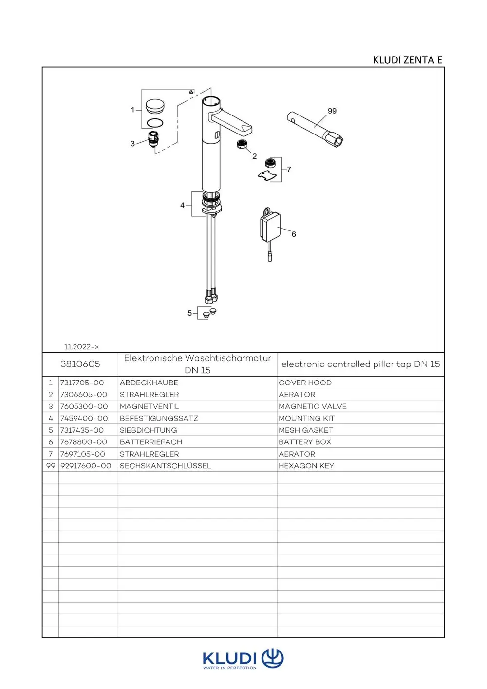Körper einer elektronischen Armatur von Kludi, bestehend aus verschiedenen Komponenten wie einem Aerator, magnetischem Ventil und Montagesatz, dargestellt in einer technischen Zeichnung.